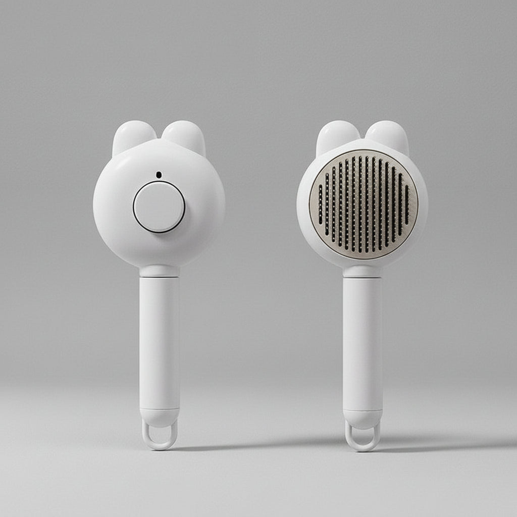 Two handheld grooming tools with a purple background and measurement details.